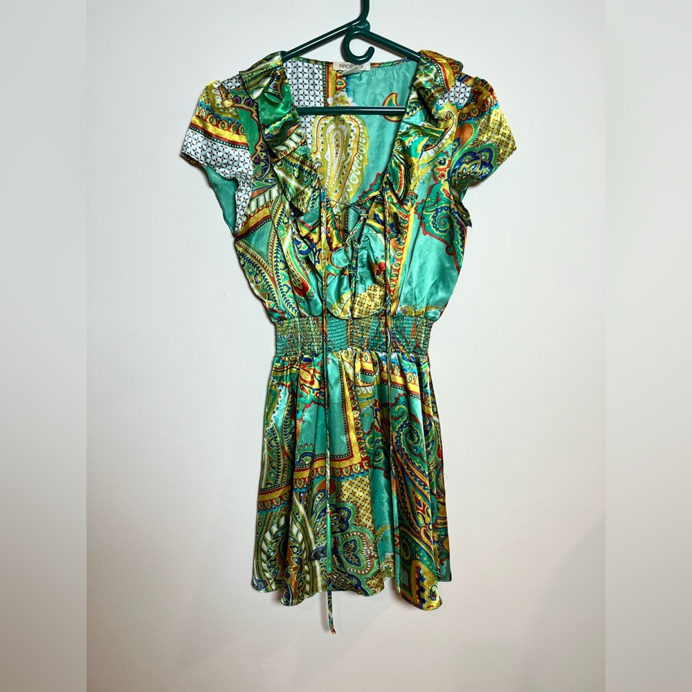 Arden B Boho Paisley Ruffle Mini Dress Green Multicolor Smocked Waist Size S